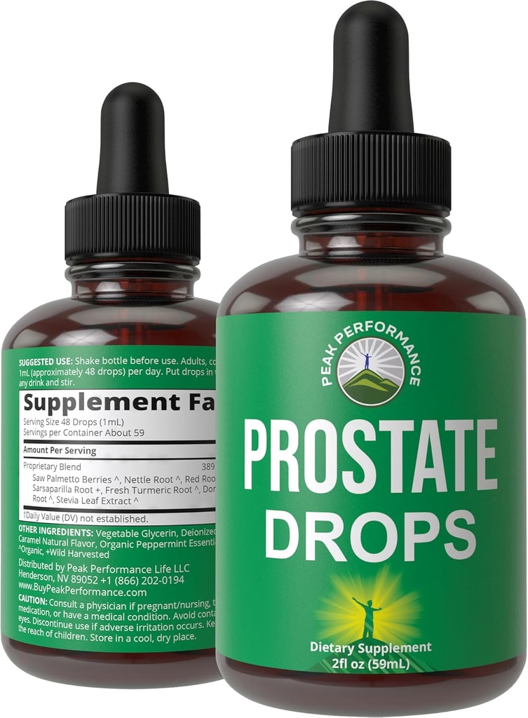 Suplemento de Apoyo Prostate para la Salud de los Hombres. Vegan Kosher Prostate Health Liquid Drops with Organic Saw Palmetto, Nettle, Turmeric, Peppermint, Wild Sarsaparilla + Red Root