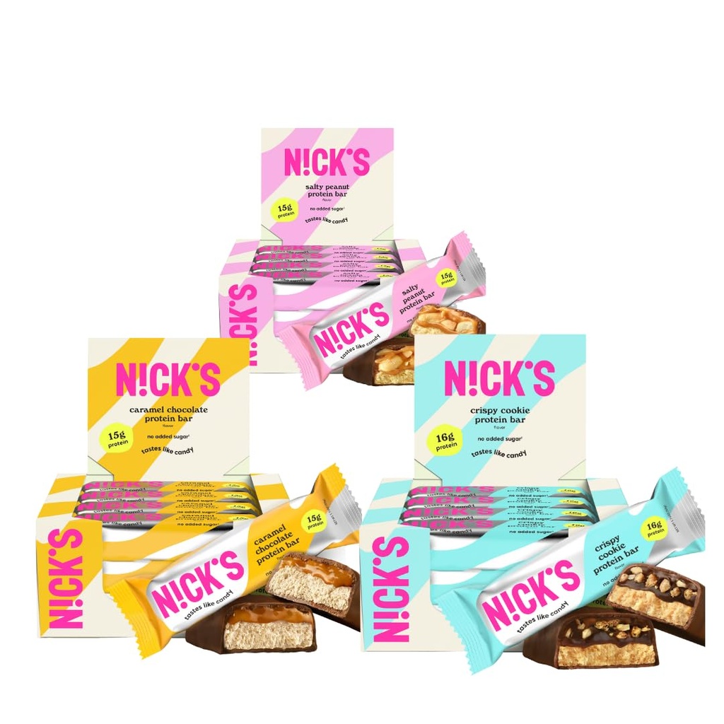 Nick's Sampler Pack Swedish Style Protein Bars, Keto Friendly Snack Bars, No Added Sugar, 5g Collagen, Low Carb Protein Bar, Low Sugar Meal Replacement Bar, Keto Snacks, 36-Count