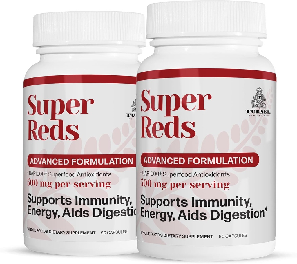 TURNER Super Reds Capsules con UAF1000+, Nueva Zelanda Red Superfood Energy, Veggies Esenciales, Antioxidantes, Enzymes, Cleanse, 180 Capsules, 2 Botellas