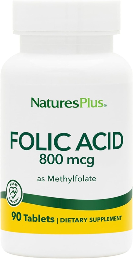 Natures Plus Folic Acid (Methylfolate) - 800 mcg, 90 Tablets Vegan - Apoya el crecimiento saludable del tejido - Vegetariano, Gluten-Free - 90 Servings