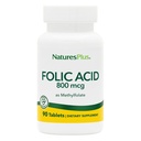 Natures Plus Folic Acid (Methylfolate) - 800 mcg, 90 Tablets Vegan - Apoya el crecimiento saludable del tejido - Vegetariano, Gluten-Free - 90 Servings