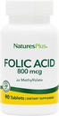 Natures Plus Folic Acid (Methylfolate) - 800 mcg, 90 Tablets Vegan - Apoya el crecimiento saludable del tejido - Vegetariano, Gluten-Free - 90 Servings
