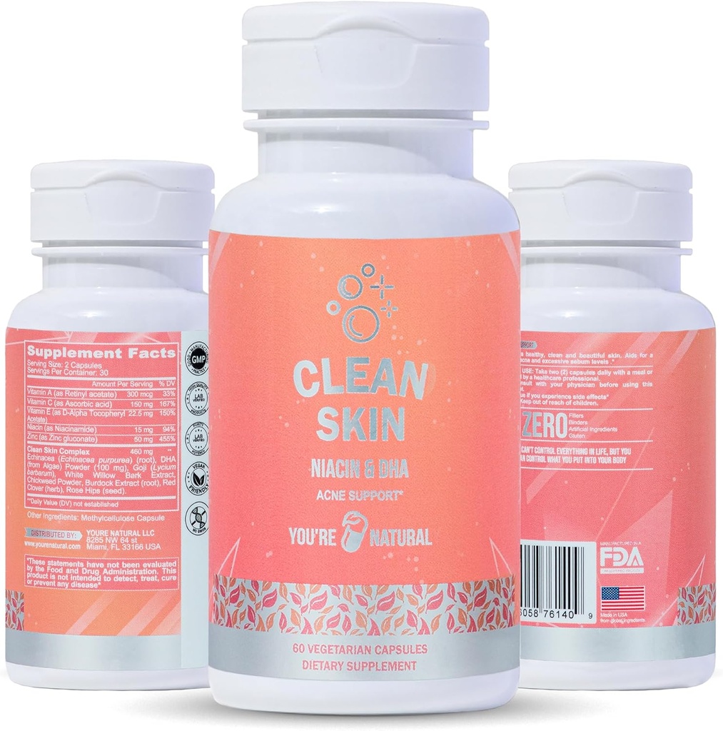 USTED'RE NATURAL Clean Skin Supplement ◾ Acne Support ← Skin Support Vitaminas para Mujeres, Hombres &amp; Adolescentes, Vitamina A, Zinc, DHA, Vitamina B3, Vitamina C, Vitamina E - Gluten Free - Made in USA - 60 cápsulas