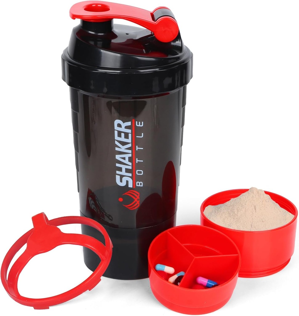 XTK Shaker Bottle 16OZ Protein Shaker Bottles with Mix Ball Portable Sports Water Bottle Leak Proof GYM Cup for Protein Mixes with Storage & Pill Organizer, Ideal for Pre Workout,BPA Free (Red)
