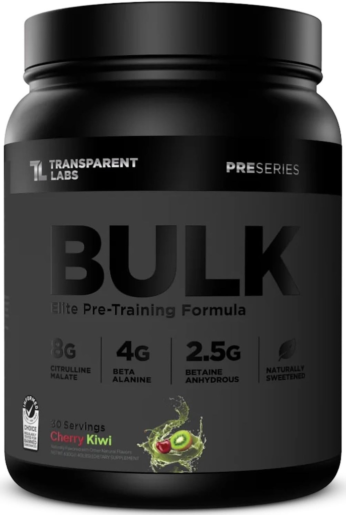 Laboratorios transparentes Bulk Black Pre Workout - Clínicamente Dosificados, Sugar Free Preworkout para Hombres y Mujeres con Beta Alanine Powder, Citrulline Malate, " Caffeine - 30 Servings, Cherry Kiwi