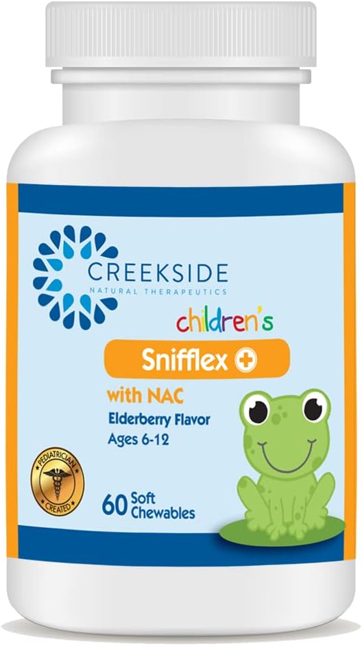 Creekside Naturals Snifflex, Children's Sinus &amp; Respiratory Support, Elderberry for Immune Health, Pediatrician Formulated with NAC, Quercetin & Bromelain, Zero Sugar, Vegan, 60 Soft Chewables