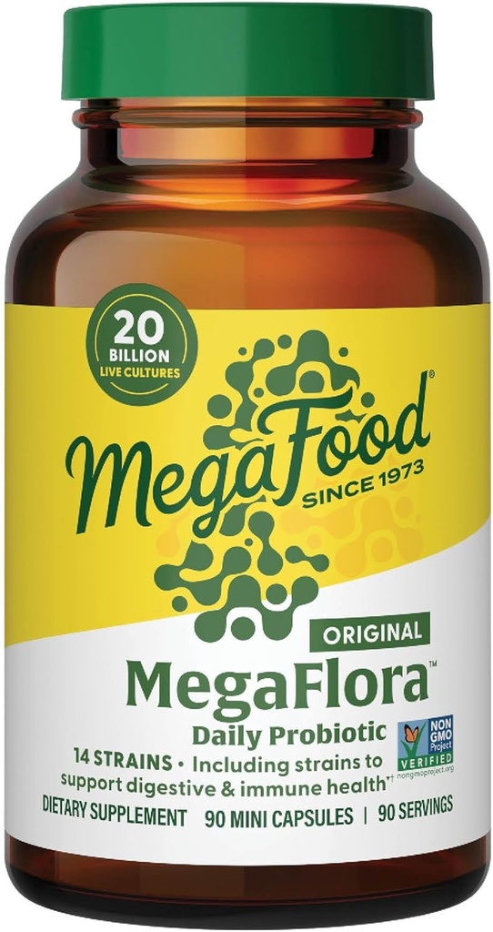 MegaFood MegaFlora Probiótico - Probióticos para Mujeres Salud Digestiva - Suplemento de Apoyo Inmuno - 20 Billones CFU - 14 Strains - No GMO - Vegetariano - 90 Mini Capsules (90 Servimientos)
