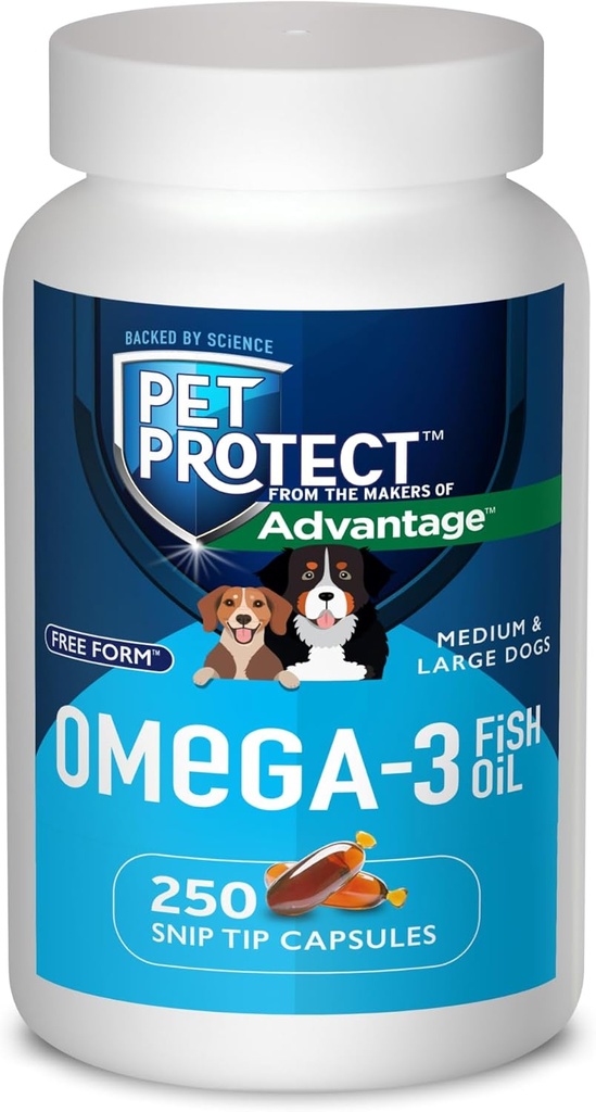 Pet Protect M/L Dog Omega-3 Suplemento, Proprietary Free Form Blend, soporta una respuesta inflamatoria normal, Snip-Tip Capsules (250 Conde)