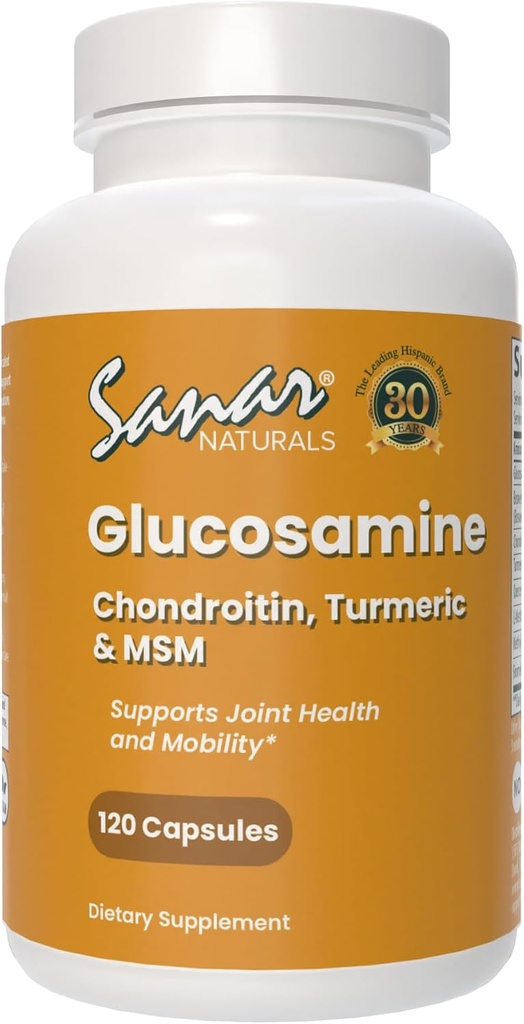 Sanar Naturals Glucosamine Chondroitin MSM Turmeric - Suplemento de soporte conjunto para rodillas, espalda, manos y cuerpo - No GMO, Gluten Gratis, 120 cápsulas