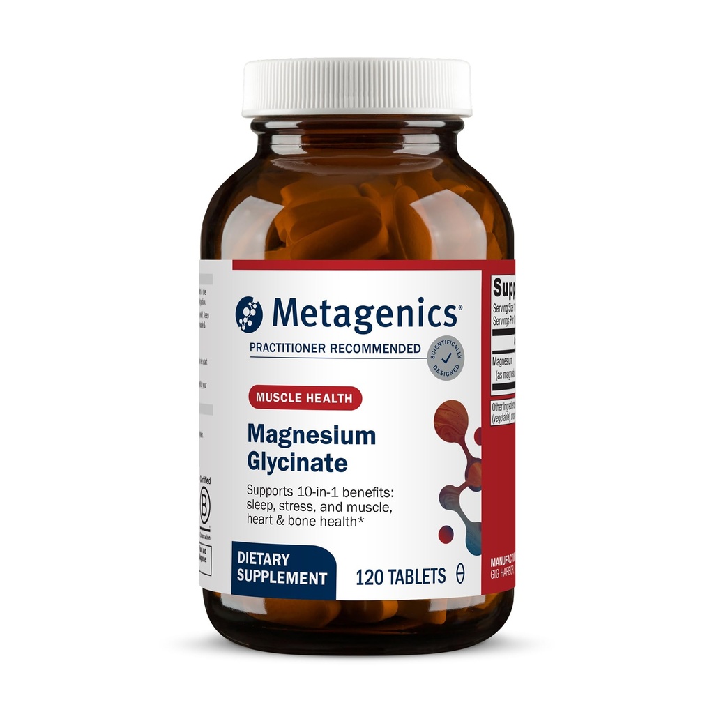 Glycinate de Magnesio Metagénico - Altamente Absorbable - Soporte para el sueño, alivio de estrés, músculo, hueso, corazón &amp; salud nerviosa - libre de gluten - No GMO - Vegetariano - 120 Tabletas