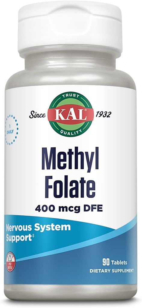 KAL Methyl Folate 400 mcg DFE, 5-MTHF Forma activa Vitamina B9, Folic Acid Suplemento, Heart Health, Prenatal, Mood and Brain Support, Fast Dissolving ActivTab, 60-Day Guarantee, 90 Servings, 90 Tablets