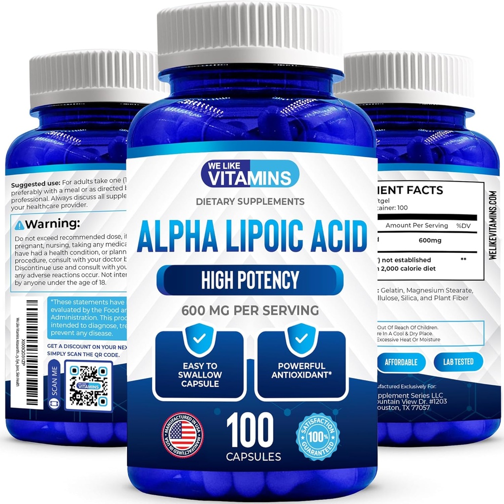 Nos gustan las vitaminas Ácido Lipoico alfa 600mg cápsulas - 100 servidos - Capsulas de ácido alfa Lipoico ayuda a apoyar la salud conjunta y la salud antioxidante junto con la protección radical gratuita