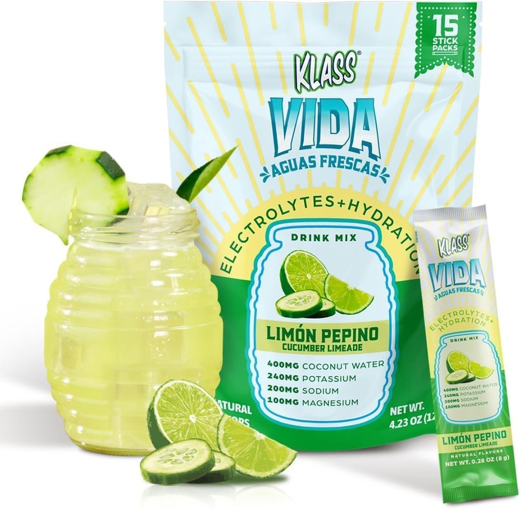 Electrolyte Drink Mix – Cucumber Limeade Agua Fresca Flavor ← Polvo de hidratación libre de azúcar con agua de coco " Minerales " TEN 15 Packs de palos de una sola manga, baja calorías, sabor natural