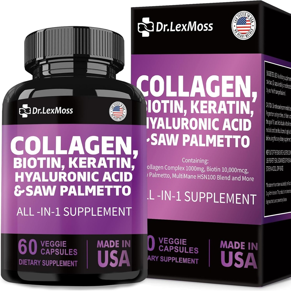 Collagen Pills Biotin Keratin Saw Palmetto Hialuronic Acid, Vitaminas y DHT, Vitamina E Folic Acid Pumpkin Seed MSM para Hombres y Mujeres Hair Skin and Nails, 60 cápsulas