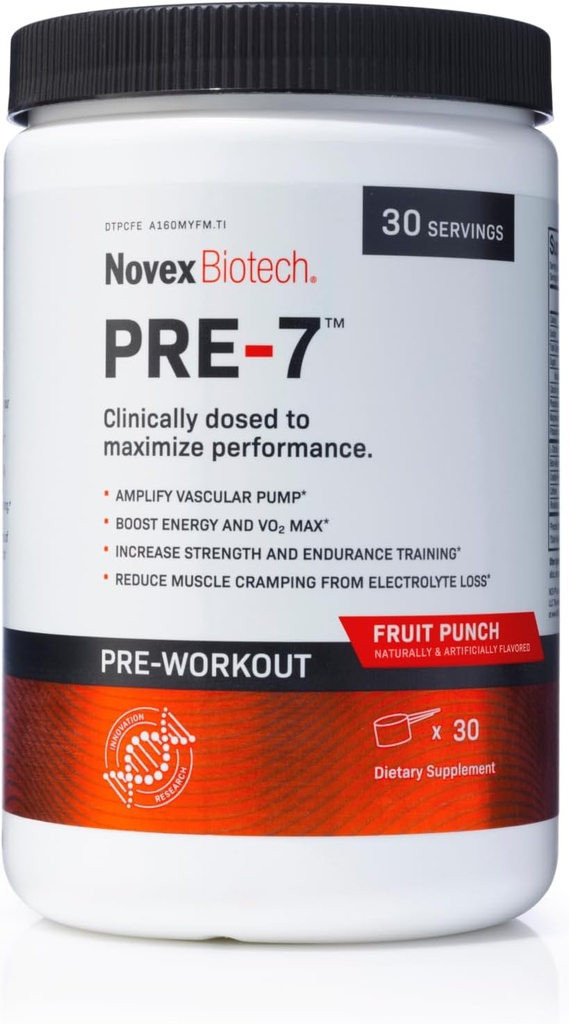 Novex Biotech PRE-7 Pre-Workout Powder for Men - Boost Energy, Focus, and VO2 max, Support Hydration During prolonged Exercise*, Fruit Punch