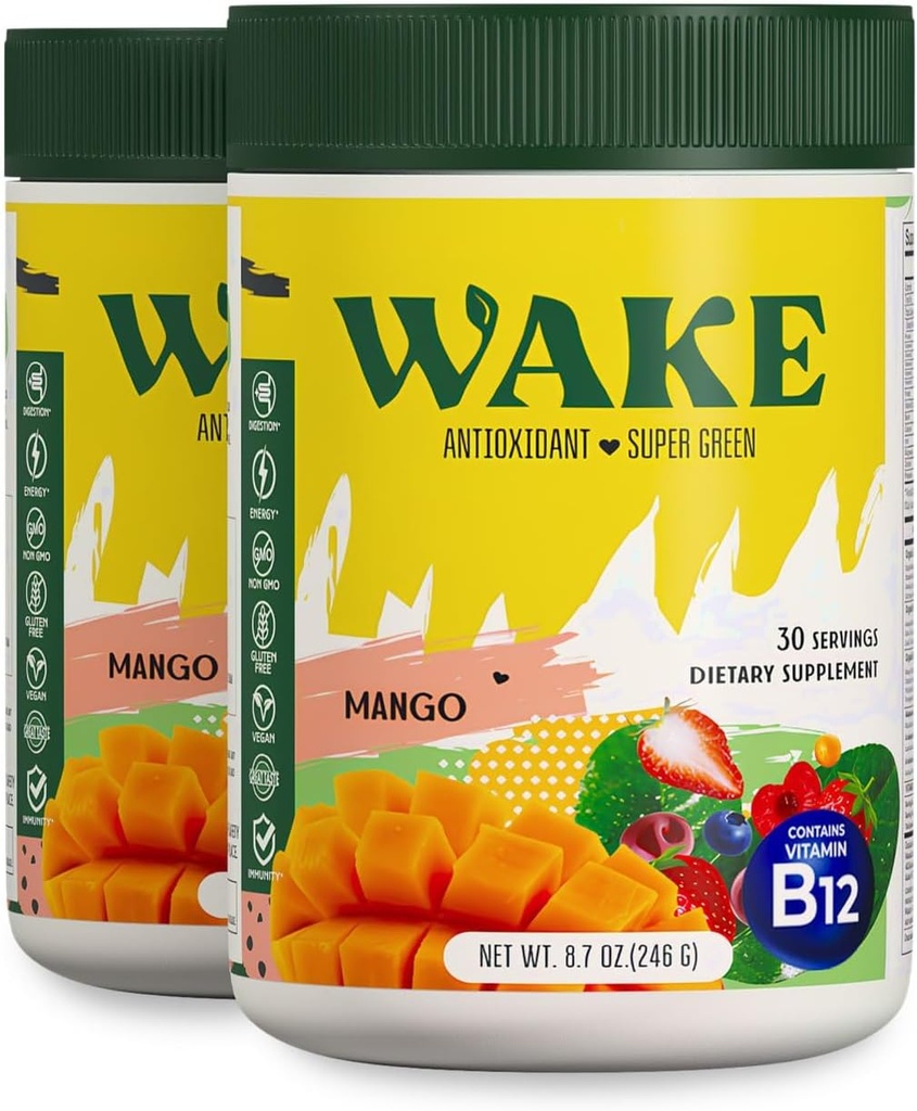 Wake Antioxidant Super Greens,Greens Powder to Reduce Bloat, Spirulina & Clorella, Vitamina B12, Non-GMO, Digestión Saludable para Mujeres, Enzimas, Probióticos, Acai Berry &amp; Camu Camu, 2 piezas por 1 costo
