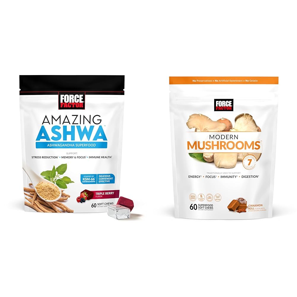Factor de fuerza Ashwagandha &amp; Mushroom Supplements Bundle with KSM-66 Ashwagandha, 7 Mushrooms, 60 Soft Chews Cada uno