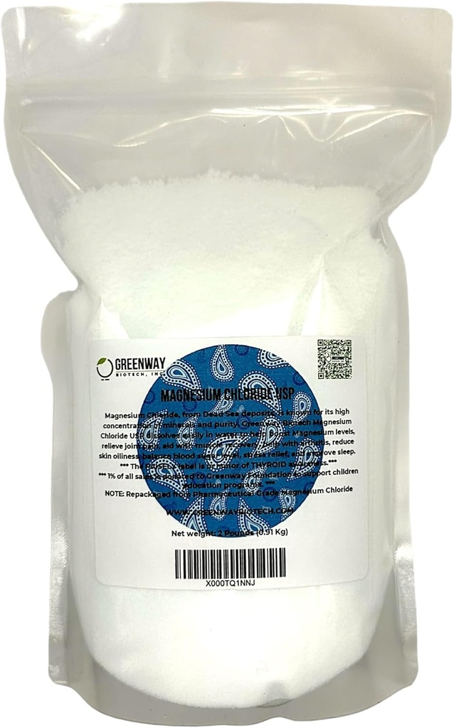 Greenway Biotech, Inc. Organic Magnesium Chloride USP Supplement 100% Edible Cloruro de Magnesio Comestible Powder (Pharmaceutical Grade) TEN Pure Ph. EUR., BP, USP TEN 2 Pounds