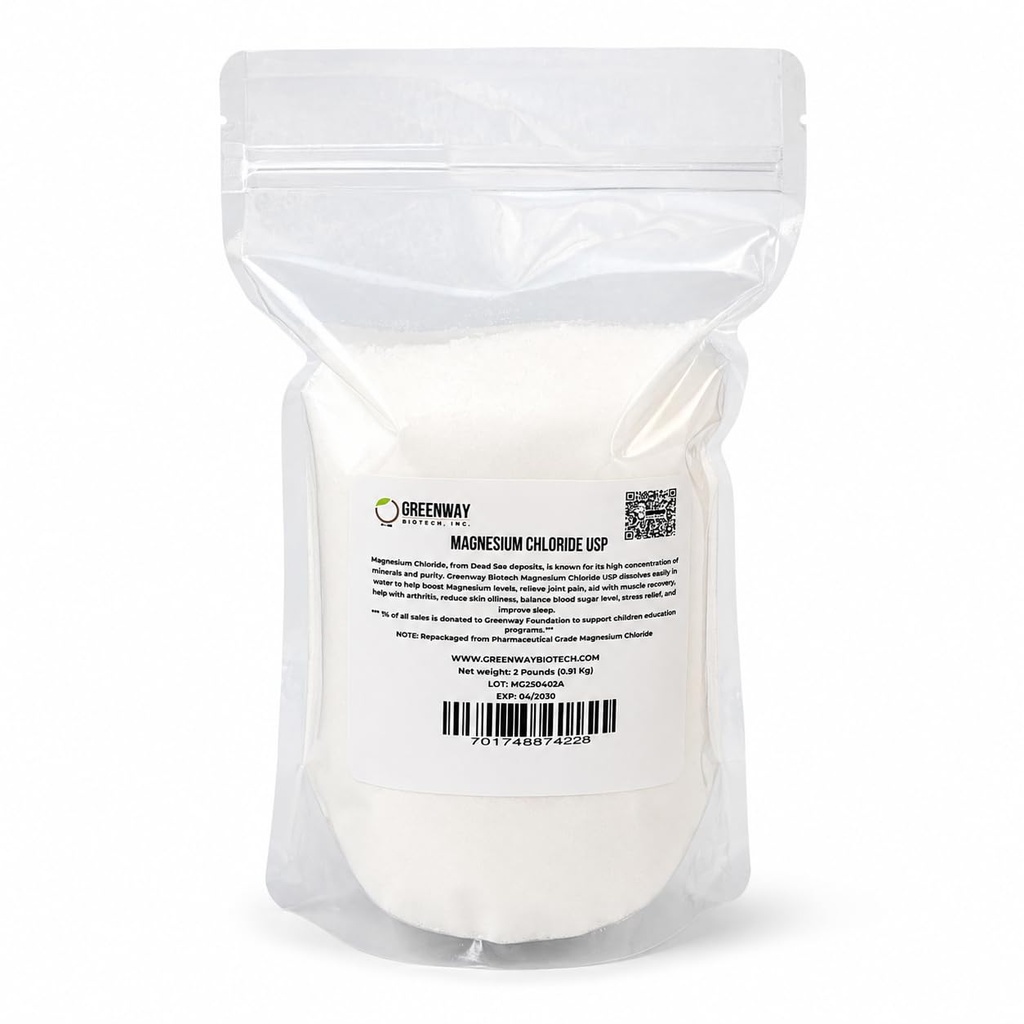 Greenway Biotech, Inc. Organic Magnesium Chloride USP Supplement 100% Edible Cloruro de Magnesio Comestible Powder (Pharmaceutical Grade) TEN Pure Ph. EUR., BP, USP TEN 2 Pounds