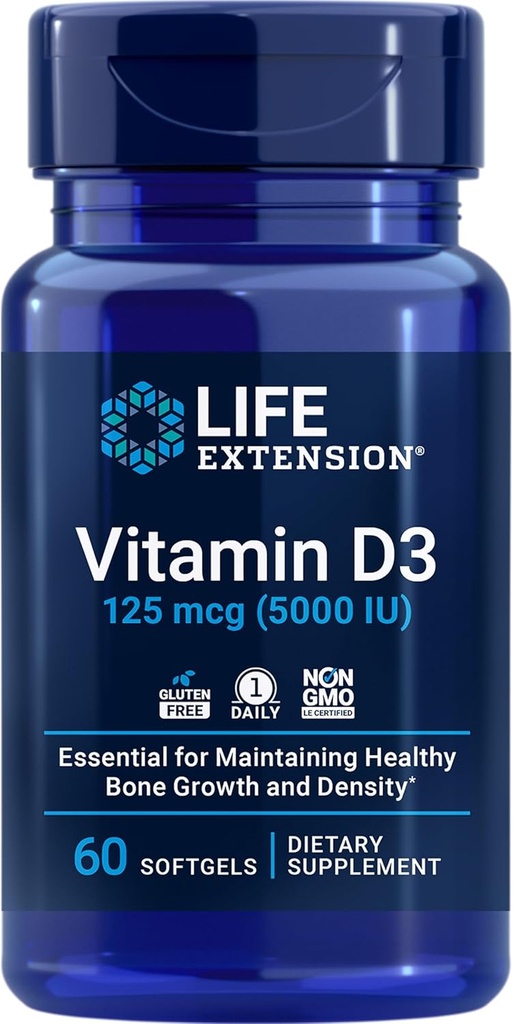 Extensión de la vida DHEA 60 cápsulas y vitamina D3 5000 UI 125 mcg 60 Softgels - Equilibrio de hormonas, salud ósea, inmune y soporte cardiovascular
