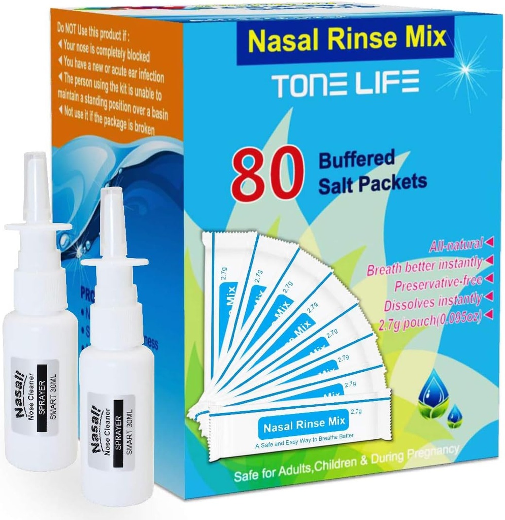 TONELIFE 80 Conde Saline Nasal Care Refills +2 Nasal Sprayer - Nasal Salt 2.7g Cada Pouch ← Refill Kit Silencio 80 Buffered Sal Packets ← para 300ml 500ml Sinus Rinse Kit-Nose Cleaner-Nasal Wash Bottle