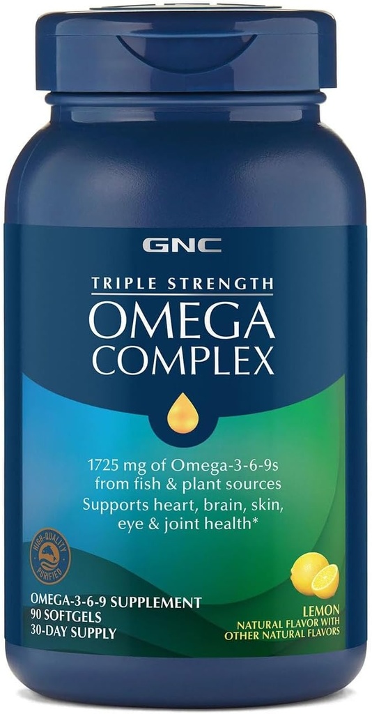 GNC triple fuerza omega complejo omega 3, 6, 9 suplemento, 1725 mg, sabor limón, apoya el corazón, cerebro, piel, ojo y salud conjunta, 90 Softgels