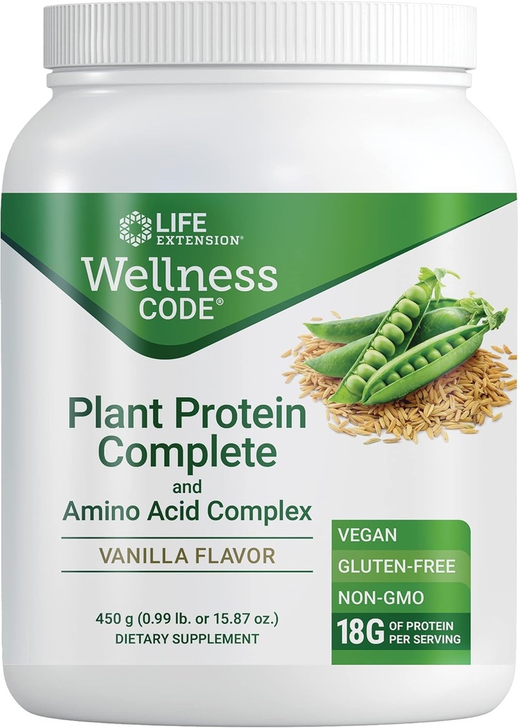 Life Extension Wellness Code® Plant Protein Complete & Amino Acid Complex (Vanilla), Plant-Based Protein Powder Plus branched-Chain Amino acids, Gluten-Free, Non-GMO, Vegetarian, 450 Grams