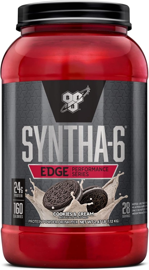 BSN SYNTHA-6 Edge Protein Powder, con Hidrolyzed Whey, Micellar Casein, Milk Protein Isolate, Low Sugar, 24g Protein, Cookies N Cream, 28 Serviciones