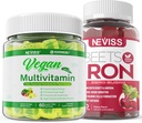 Gummies de hierro vegano con multivitamínico vegano para mujeres hombres con hierro, vitamina B12, A, D3, K2, Algae Omega 3, Magnesio, zinc