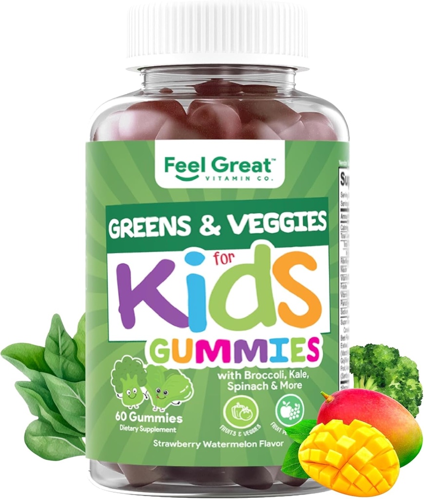 Feel Great Super Green Gummies for Kids ← Fruit and Vegetable Gummies ← Vegan Veggie Gummy Multivitamin for Kids ← Veggie Fiber Supplement latitud 60 Count