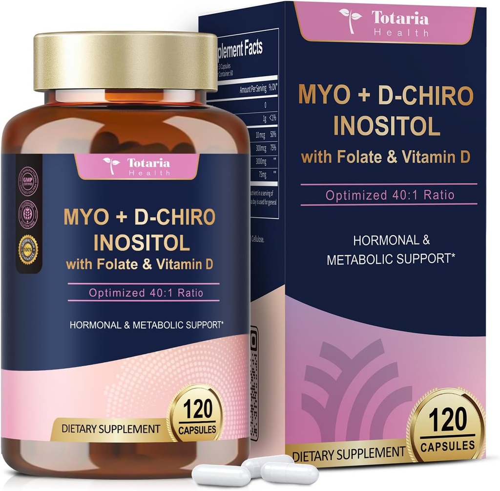 Totaria Myo-Inositol & D-Chiro Inositol Suplemento Cápsulas 3075mg, Plus Multivitamina Vitamina D3, Folate, Ideal 40:1 Ratio - Saldo hormonal para la mujer " Ovarian " Apoyo Silencio Vegan, No GMO - 120 Cápsulas