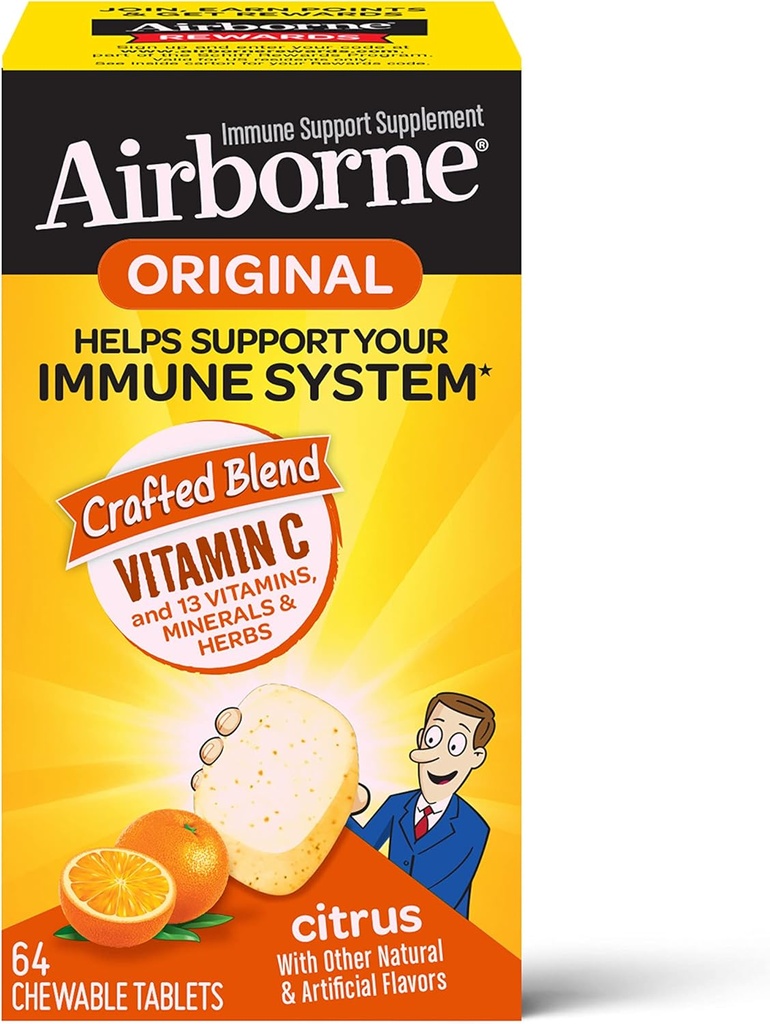 Airborne 1000mg Vitamin C Chewable Tablets With Zinc, Immune Support Supplement With Powerful Antioxidants Vitamins A C & E - 64 Chewable Tablets, Citrus Flavor