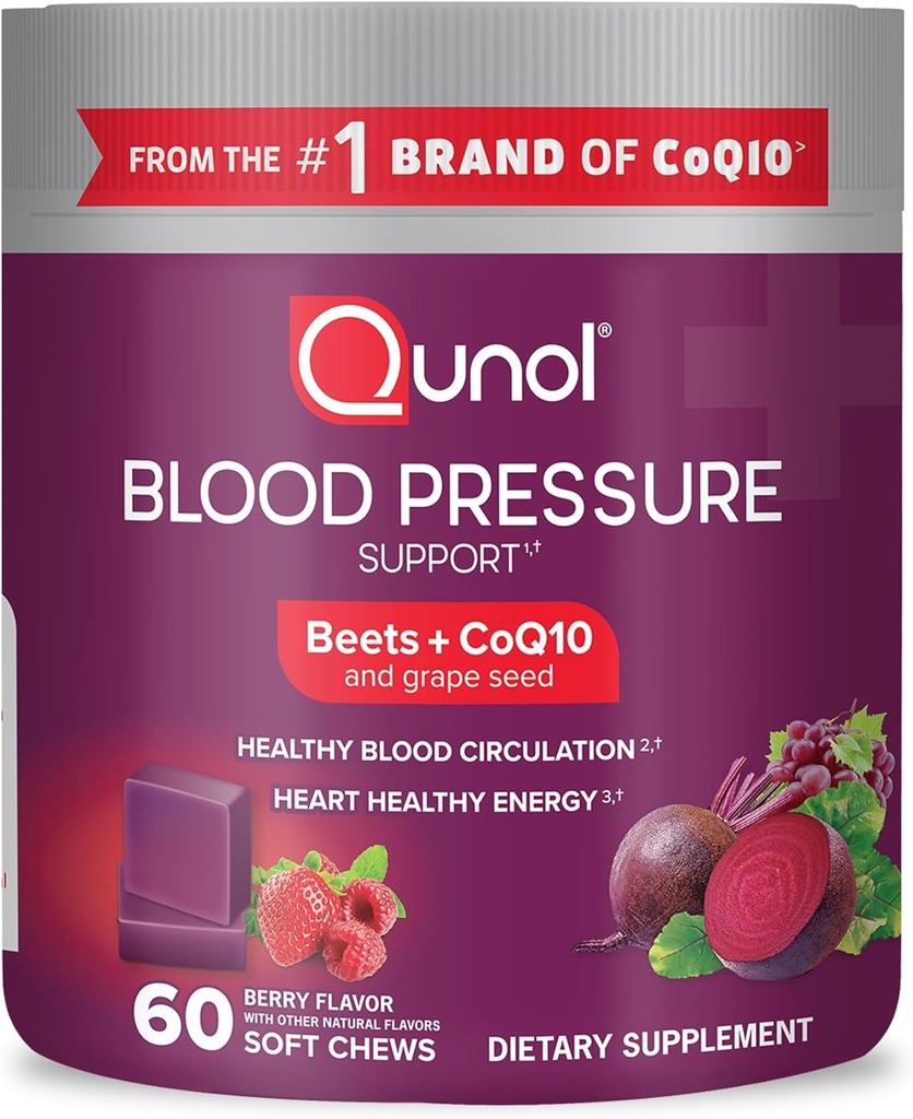 Qunol Beets Chews for Blood Pressure Support, 3 in 1 Beets + CoQ10 + Grape Seed Extract, Supports Healthy Blood Circulation &amp; Heart Healthy Energy, 60 Chews