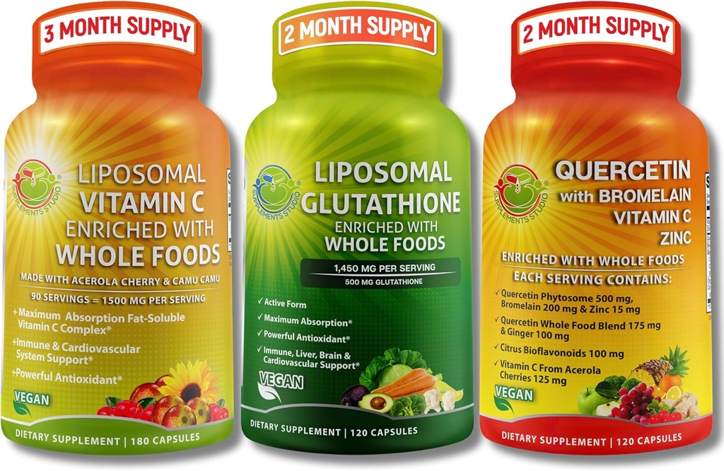 Completa antioxidante basado en plantas &amp; Immune Support Bundle - Liposomal Vitamina C 1500mg + Liposomal Glutathione 500mg + Quercetina con Bromelaina, Zinc &amp; Vitamina C – Vegan, Fórmulas de absorción mejorada