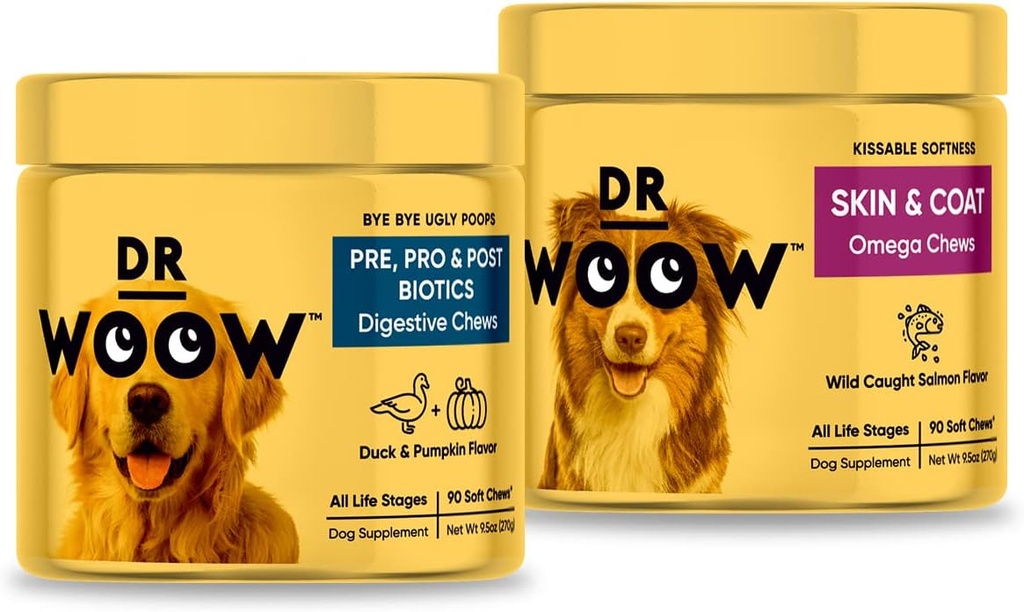Pre, Pro, PostBiotic+ Salmon SkinHealth Soft Chew Supplement Bundle - Dog Vitamins, Zinc, Biotin, Probiotics, Omega 3 Fish Oil, and Wild Alaskan Salmon Oil, Cure Itchy Skin