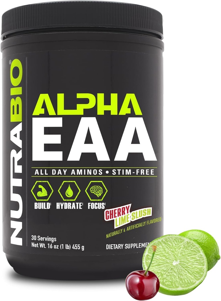 NutraBio Alpha EAA - Aminoácidos de todo el día para el crecimiento muscular y la hidratación - Aminoácidos esenciales con nootrópicos " Adaptógenos- Espectro completo EAA BCAA Polvo - 30 Servimientos - Cereza Lime Slush