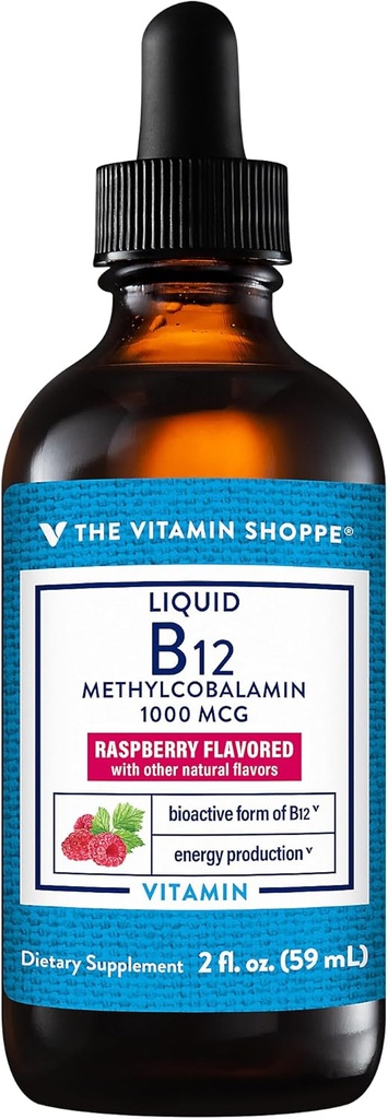 La vitamina Shoppe Liquid B12 Metilcobalamina - Producción de energía - 1.000 MCG - Raspberry (2 fl. oz.)