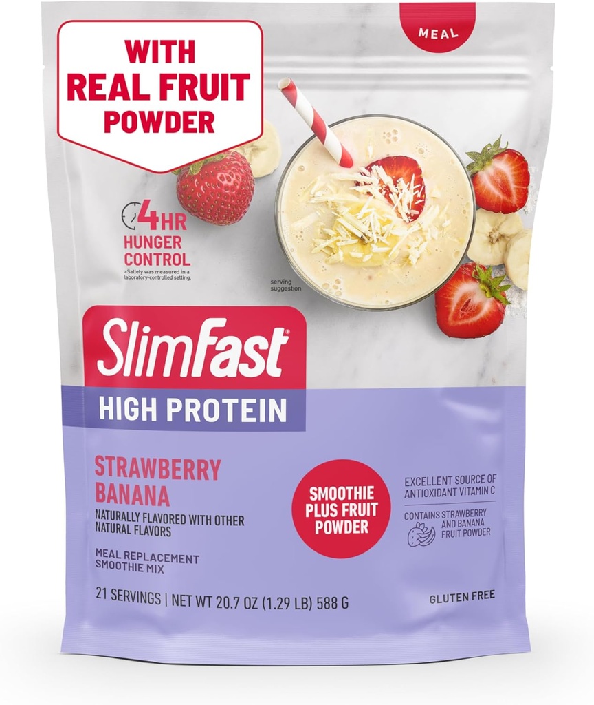 SlimFast High Protein Smoothie Mix Plus Fruit Powder, High Protein Meal Replacement Powder, Fiber, Vitamina C, 21 Servings, 1,29 libras, Strawberry Banana (Packaging May Vary)