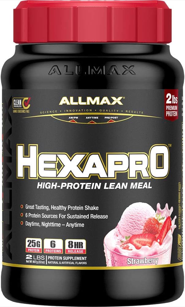ALLMAX HEXAPRO, Fresa - 2 lb - 25 gramos de Protein Por Serving - 8-Hour Sustained Release - Zero Sugar - 21 Servings