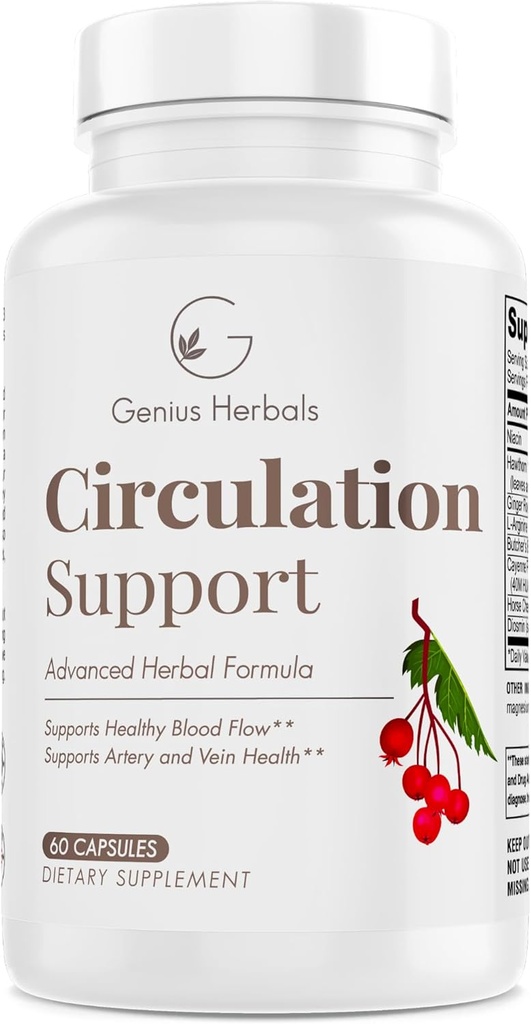 Circulation Support - with Hawthorn, Butchers Broom, L-Arginine, Varicose Veins Support - 60 Capsules