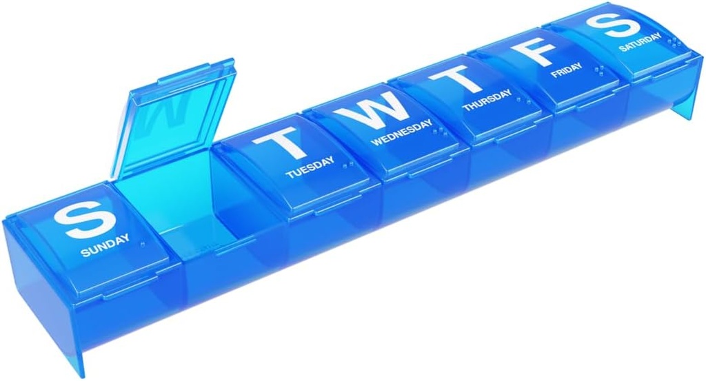 EZY DOSE Caja semanal de píldoras (7 días), Planificador de medicina, organizador de vitaminas, 2X-Large Compartimientos contornos para la eliminación fácil de la píldora, color mayo Vary, BPA Gratis