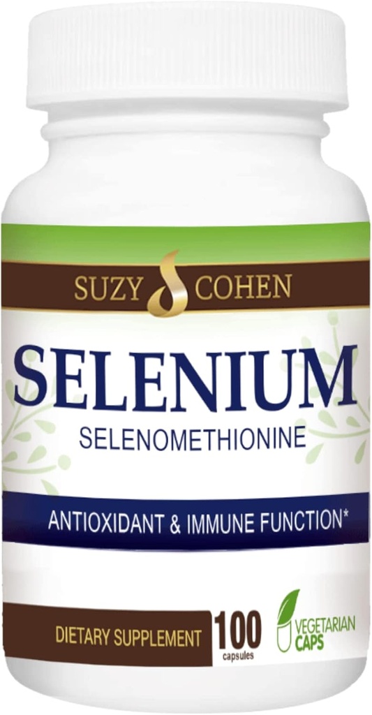 Suzy Cohen Selenium Suplemento 200 mcg, Mantener el corazón saludable, sistema inmunológico, apoyar la tiroides, función de prostracción, yeast Free Chelated Tummy Friendly Amino Acid, Highly Bioavailable, 100 Veg Capsule