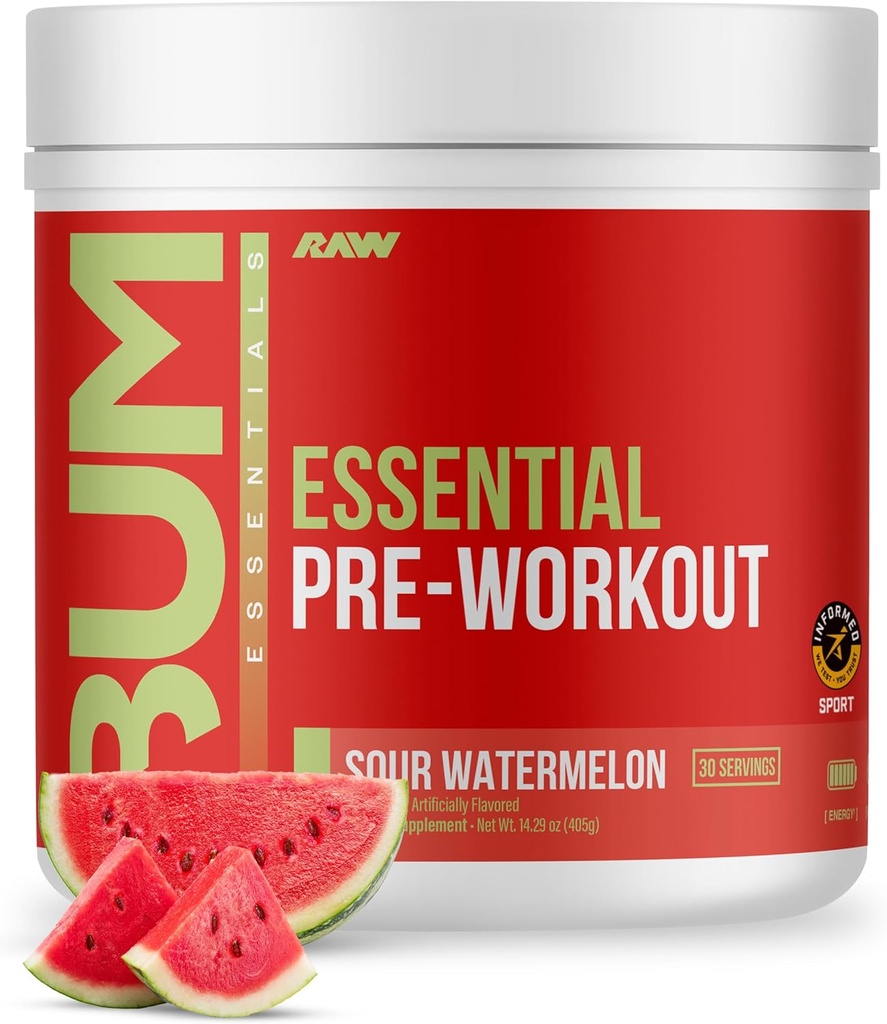 RAW Essential Pre-Workout Powder (Sour Watermelon) - Chris Bumstead Sports Nutrition Supplement for Men &amp; Women - Preworkout Energy Powder with Caffeine, L-Citrulline, L-Tyrosine, " Beta Alanine Blend