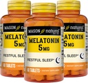 MASON NATURAL Melatonina 5 mg con B6 y Calcio - Natural Sleep Aid, Supports Healthy Sleep & Rest, 60 Tablets (Pack of 3)
