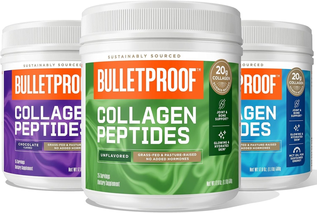 Peptides de colágeno sin sabor 18g Proteína, 17.6 OzChocolate Peptides de colágeno con aceite MCT, 19g Proteína, 17.6 Péptidos de colágeno OzVanilla con aceite MCT, 19g Proteína, 17.6 Oz