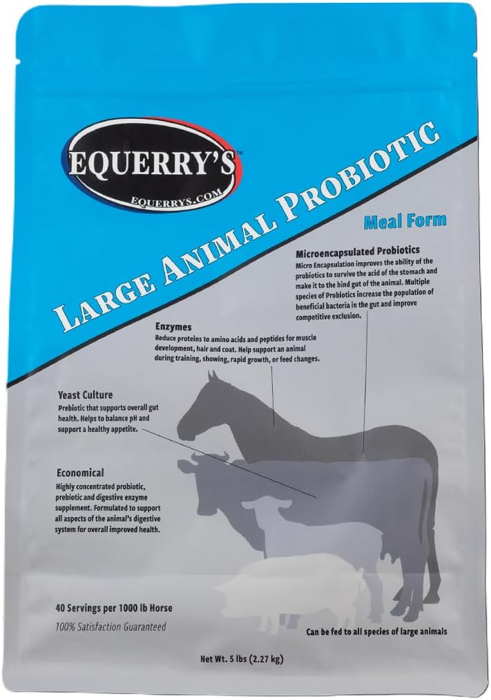 Probiótico de animales grandes de Equerry - Suplementos para Gut Health y Nutrient Absorption ¦ Probióticos y enzimas digestivas para caballos, vacas, cabras, ovejas, cerdos, 40 Alimentación (5 libras) para 1000 libras Animal