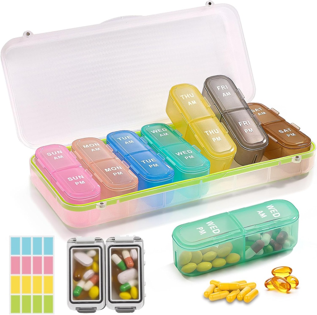 Organizador semanal de píldoras 2 veces al día + 2 kit de organizadores de píldoras desmontables - PM Organizador de píldoras de viaje para la medicina de vitaminas Suplemento aceite de pescado, White Daily Pill Caso 2 veces al día