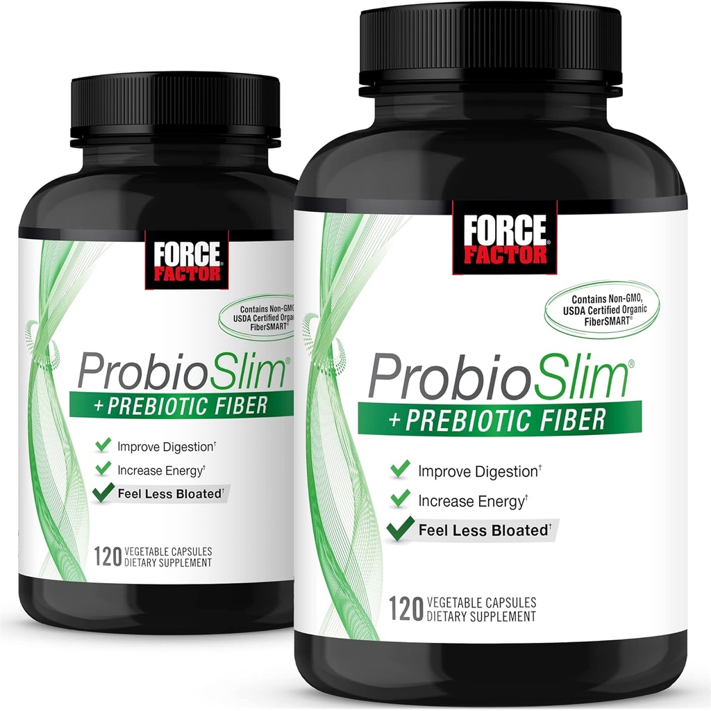 Factor de fuerza ProbioSlim + Fibra Prebiótica, Booster Metabolismo para Hombres de Mujeres, Apoyo Digestivo de Salud, Extracto de Té Verde y Fibra de Husk de Psyllium, 120 Conde (Pack of 2)