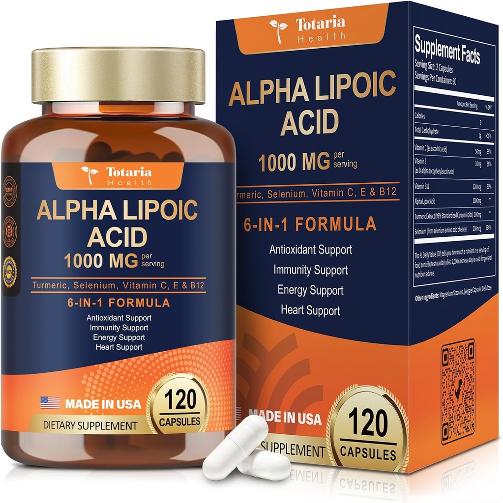 Ácido Lipoico alfa Totaria - 1000mg ALA Suplemento cápsulas para la neuropatía soporta el envejecimiento y la salud general