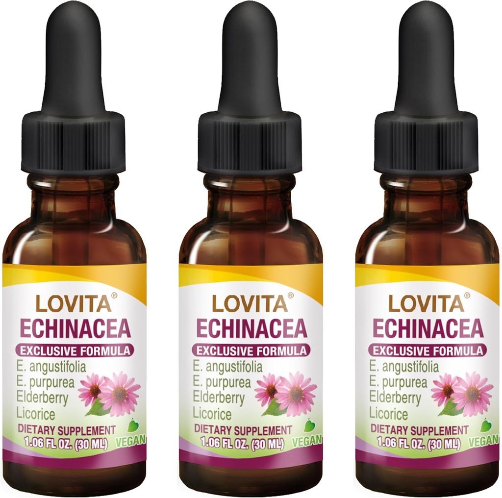 Lovita Echinacea Extracto Líquido TENIDO 1 FL OZ TENIDO 350 mg por Servir Silencio Concentrado Hierba Tintura Silencio Vegan Silencioso libre de alcohol Silencio con Elderberry y Extracto de Licorice (Pack of 3)